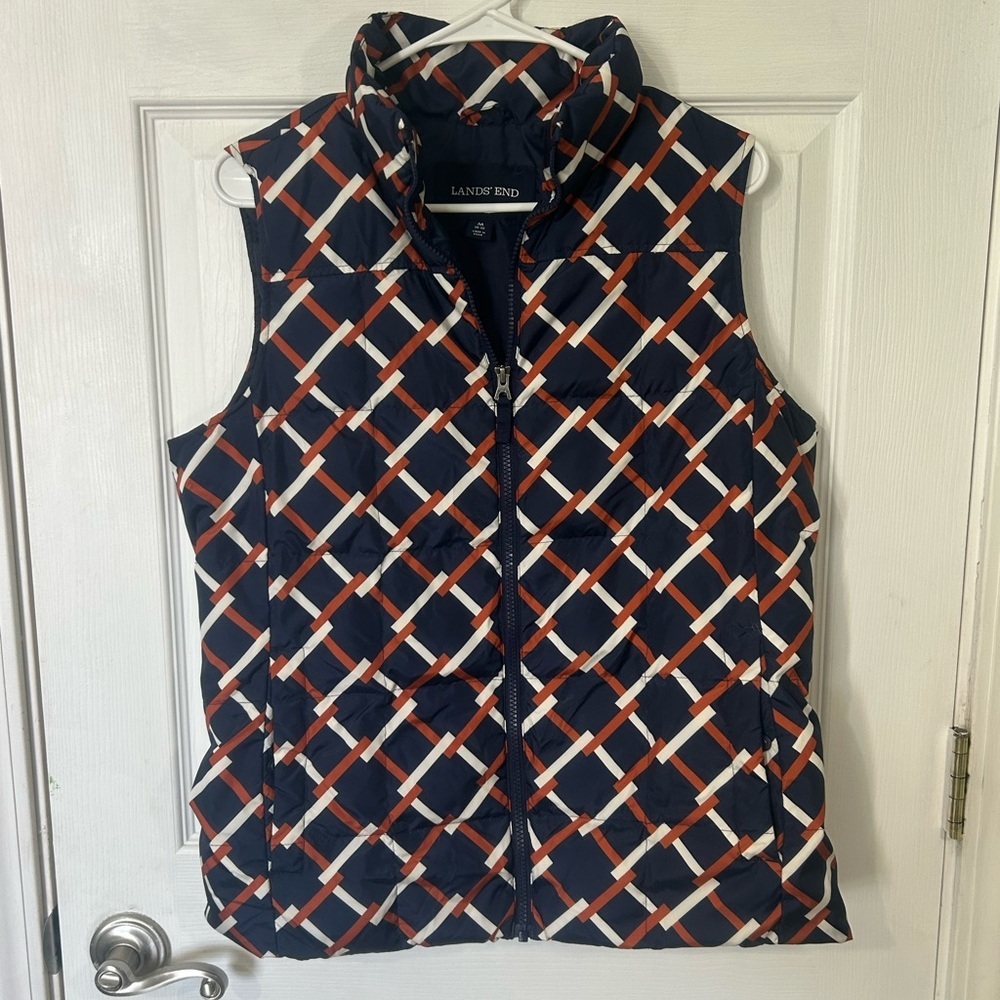Lands' End womens puffer vest navy orange white geometric size Medium size 10-12